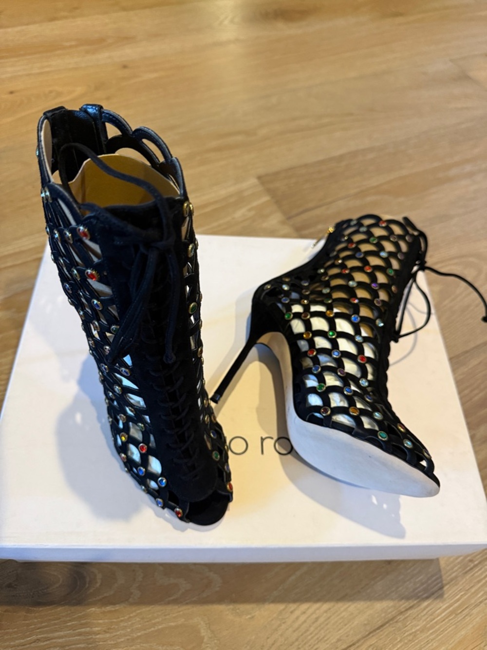 Sergio Rossi Black Laser-Cut Lace-Up High Heel Booties with Multicolor Studs